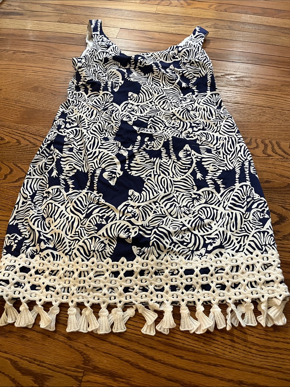 LILLY PULITZER Thompson Tank Dress Women 6 Blue Herd You Zebra Print Tassel Trim